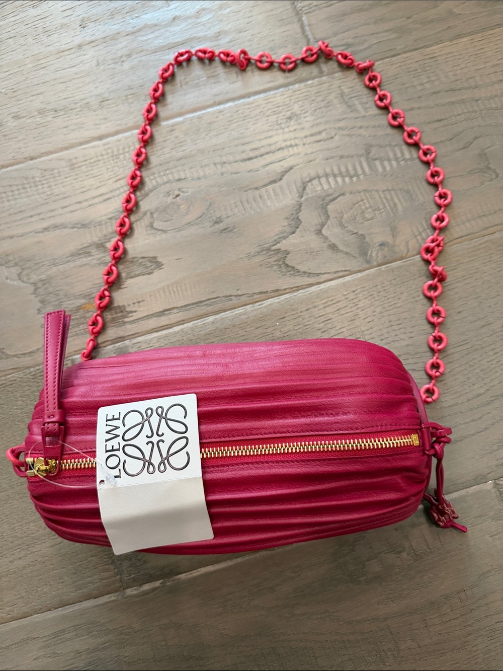 Loewe Fuchsia Pleated Leather Cosmetic Pouch with Gold Zipper